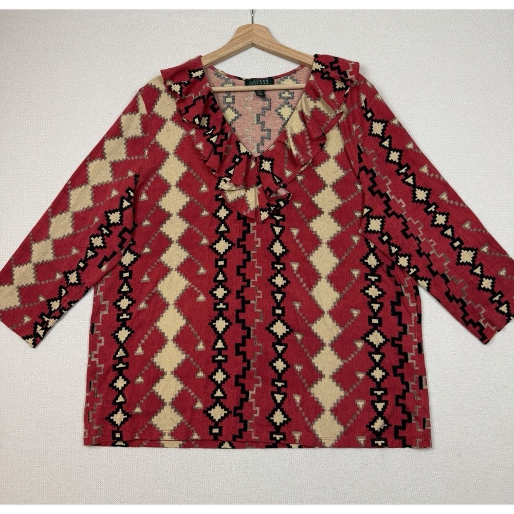 LAUREN Ralph Lauren Women's Aztec Tribal 3X Blouse 3/4 Sleeve Boho Ruffle Collar